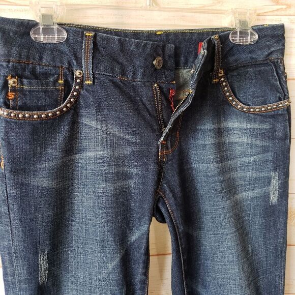 7 For All Mankind Embellished Rhinestone Distressed Regular Bootcut Denim Jeans - Picture 5 of 12